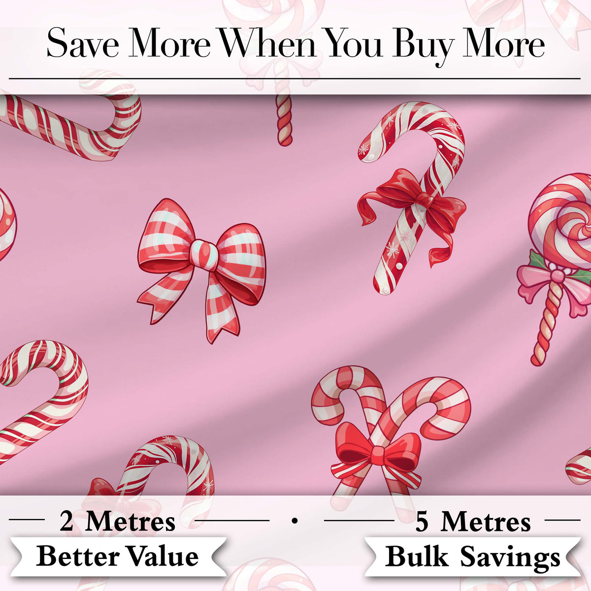 Cute Christmas Candy Cane Ribbon Bow Pastel Pink Seamless Pattern Digital Print Fabric by the Metre UK Sewing Quilting Textile
