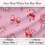 Cute Christmas Candy Cane Ribbon Bow Pastel Pink Seamless Pattern Digital Print Fabric by the Metre UK Sewing Quilting Textile