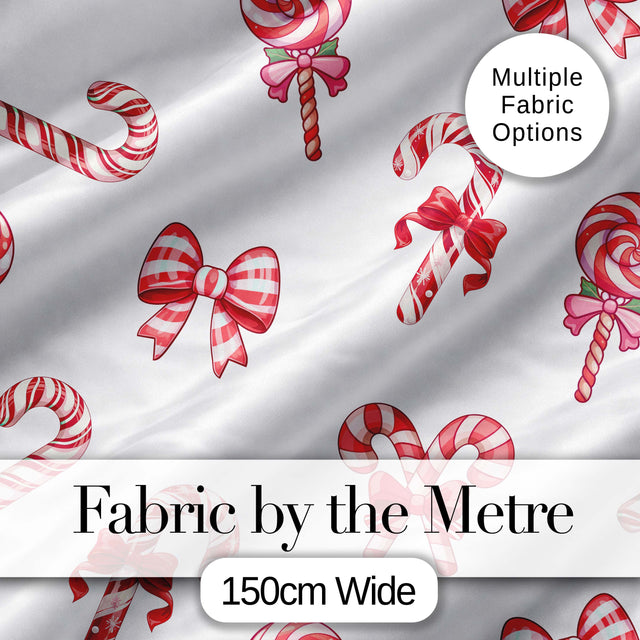 Cute Christmas Candy Cane Ribbon Bow Light Grey Seamless Pattern Digital Print Fabric by the Metre UK Sewing Quilting Textile