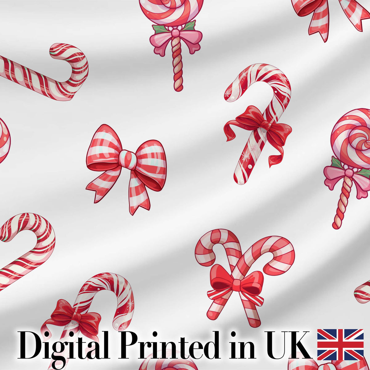 Cute Christmas Candy Cane Ribbon Bow Light Grey Seamless Pattern Digital Print Fabric by the Metre UK Sewing Quilting Textile
