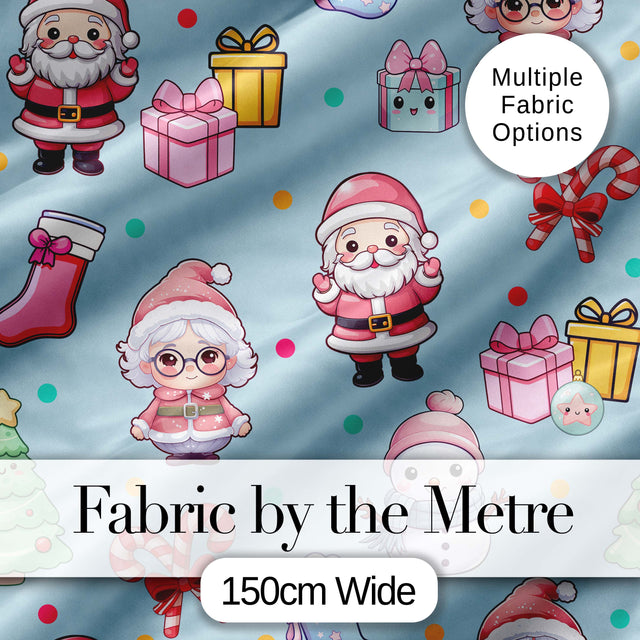 Cute Kawaii Santa Snowman Gift Characters Blue Seamless Pattern Digital Print Fabric by the Metre UK Sewing Quilting Textile