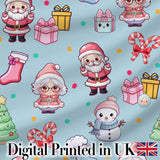 Cute Kawaii Santa Snowman Gift Characters Blue Seamless Pattern Digital Print Fabric by the Metre UK Sewing Quilting Textile