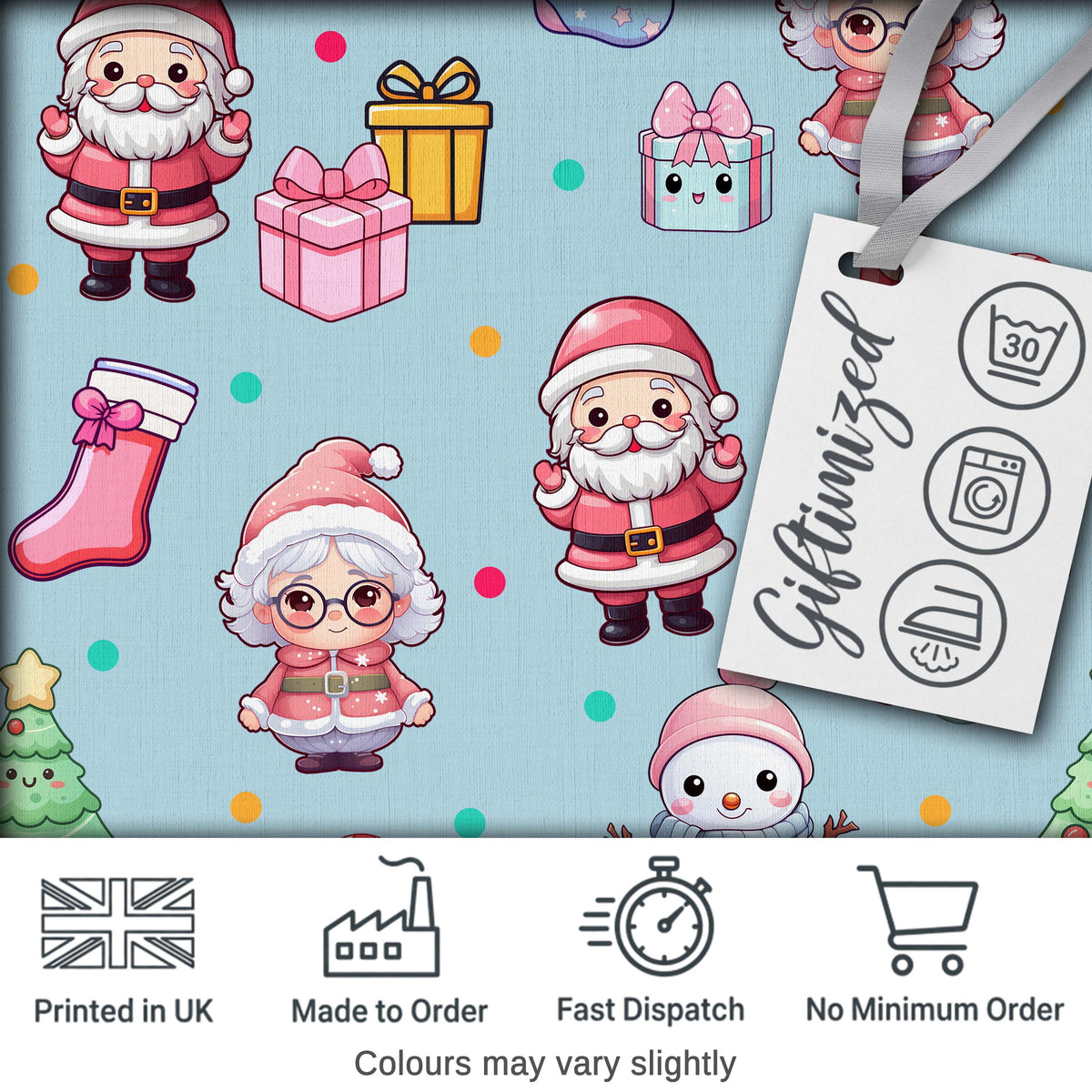 Cute Kawaii Santa Snowman Gift Characters Blue Seamless Pattern Digital Print Fabric by the Metre UK Sewing Quilting Textile