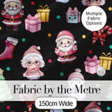 Cute Kawaii Santa Snowman Gift Characters Black Seamless Pattern Digital Print Fabric by the Metre UK Sewing Quilting Textile