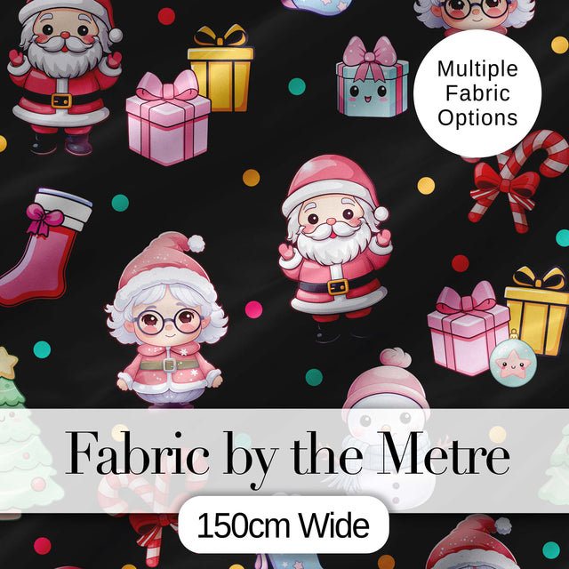 Cute Kawaii Santa Snowman Gift Characters Black Seamless Pattern Digital Print Fabric by the Metre UK Sewing Quilting Textile