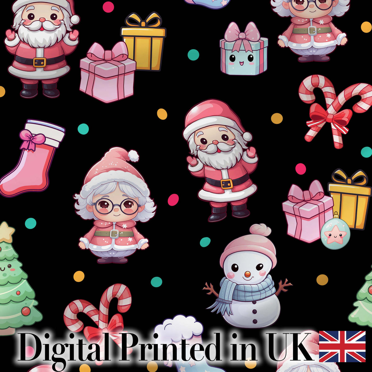 Cute Kawaii Santa Snowman Gift Characters Black Seamless Pattern Digital Print Fabric by the Metre UK Sewing Quilting Textile