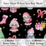Cute Kawaii Santa Snowman Gift Characters Black Seamless Pattern Digital Print Fabric by the Metre UK Sewing Quilting Textile