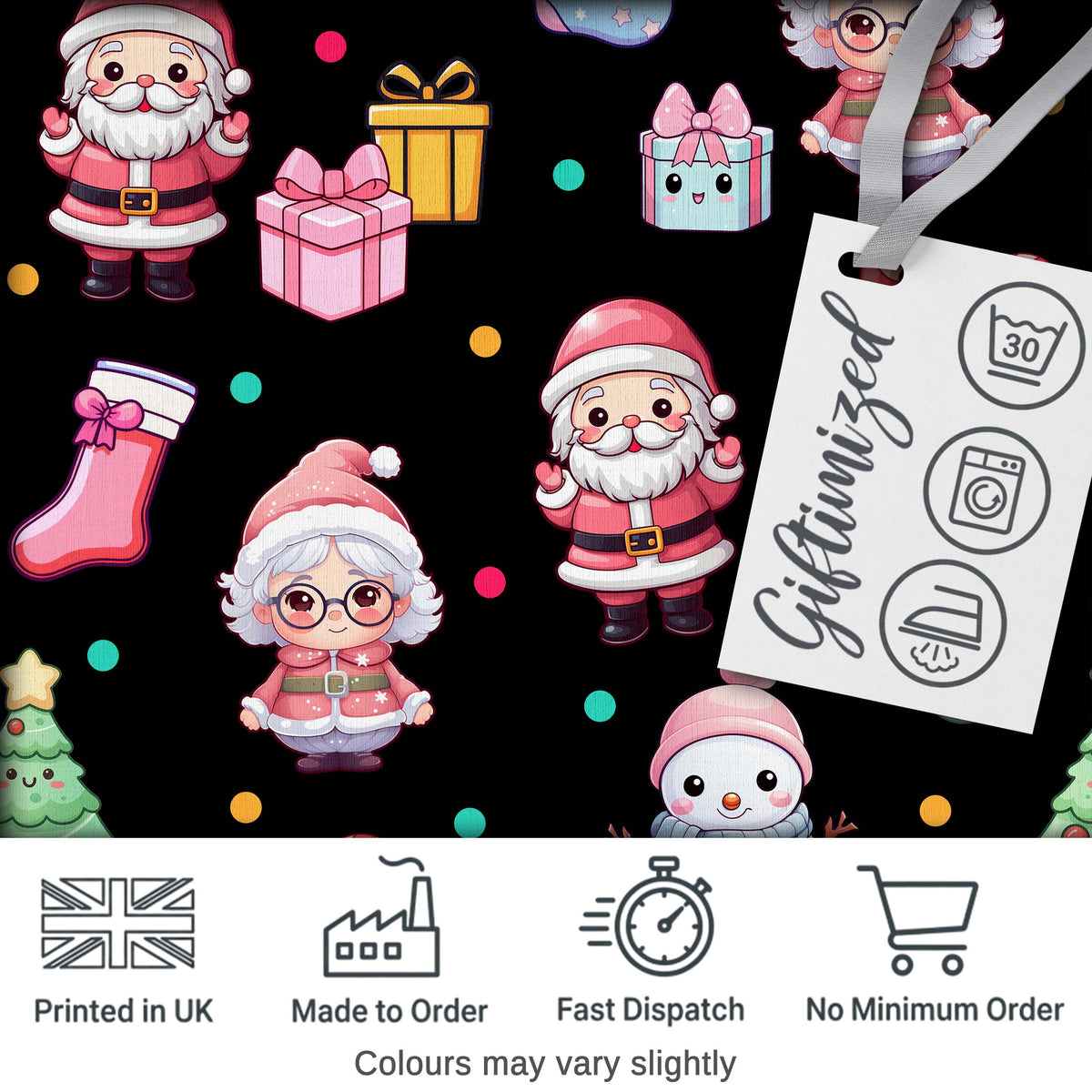 Cute Kawaii Santa Snowman Gift Characters Black Seamless Pattern Digital Print Fabric by the Metre UK Sewing Quilting Textile