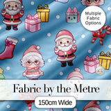 Cute Kawaii Santa Snowman Gift Characters Snow Blue Seamless Pattern Digital Print Fabric by the Metre UK Sewing Quilting Textile