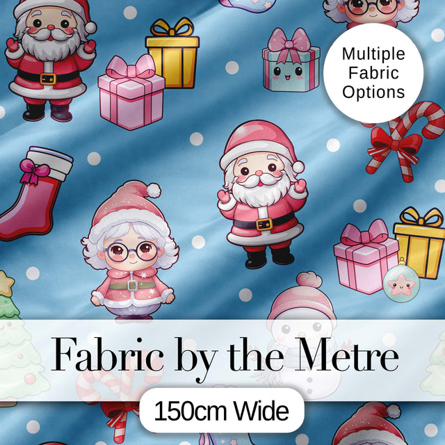 Cute Kawaii Santa Snowman Gift Characters Snow Blue Seamless Pattern Digital Print Fabric by the Metre UK Sewing Quilting Textile