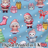 Cute Kawaii Santa Snowman Gift Characters Snow Blue Seamless Pattern Digital Print Fabric by the Metre UK Sewing Quilting Textile