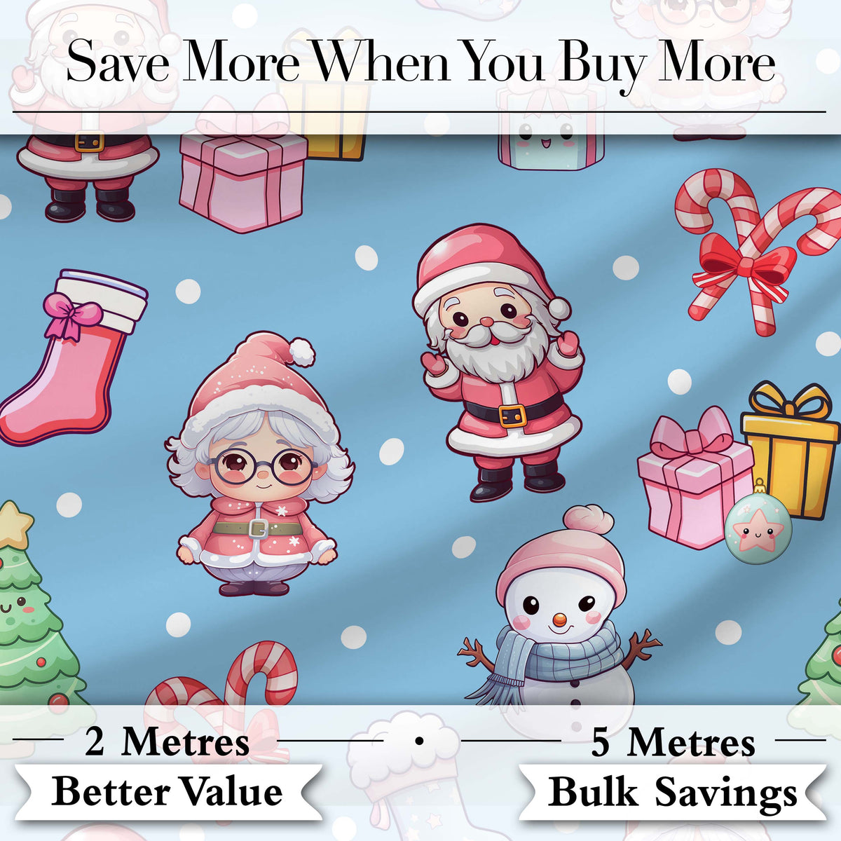 Cute Kawaii Santa Snowman Gift Characters Snow Blue Seamless Pattern Digital Print Fabric by the Metre UK Sewing Quilting Textile