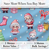 Cute Kawaii Santa Snowman Gift Characters Snow Blue Seamless Pattern Digital Print Fabric by the Metre UK Sewing Quilting Textile