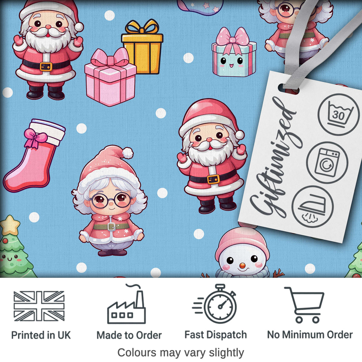 Cute Kawaii Santa Snowman Gift Characters Snow Blue Seamless Pattern Digital Print Fabric by the Metre UK Sewing Quilting Textile