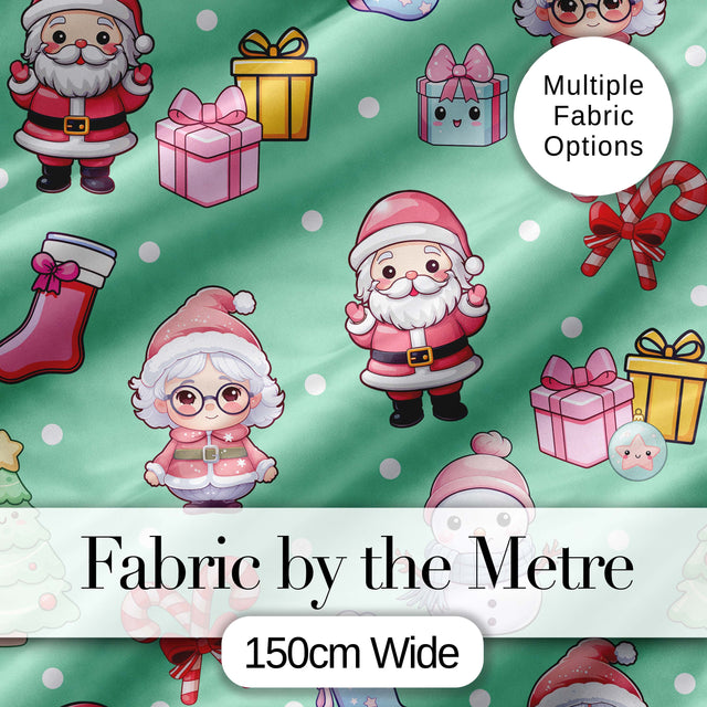 Cute Kawaii Santa Snowman Gift Characters Mint Green Background Seamless Pattern Digital Print Fabric by the Metre UK Textile
