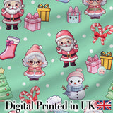 Cute Kawaii Santa Snowman Gift Characters Mint Green Background Seamless Pattern Digital Print Fabric by the Metre UK Textile