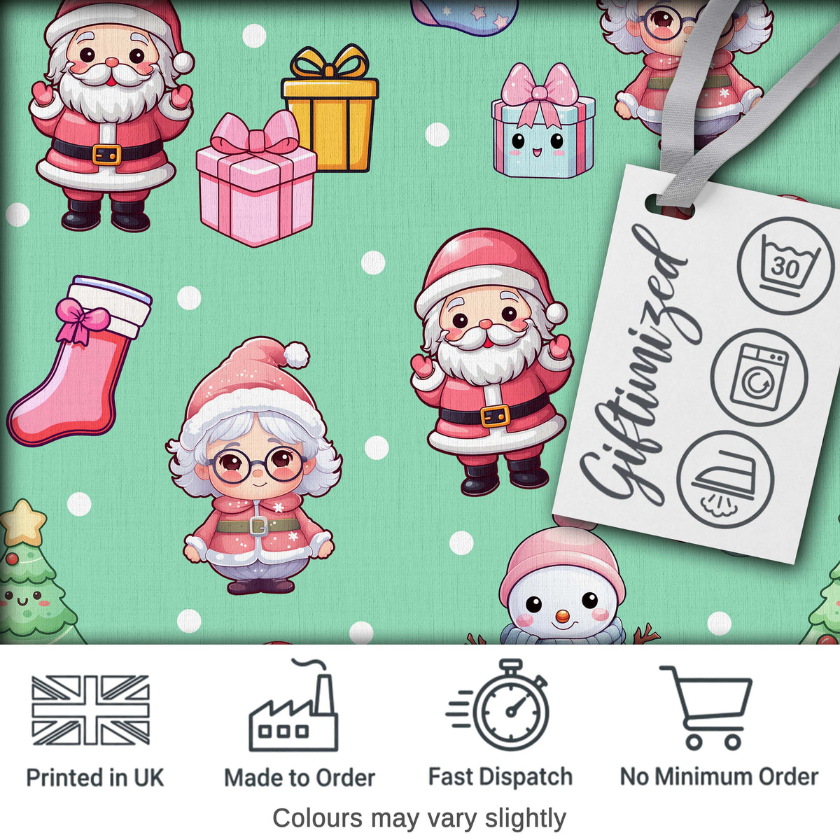 Cute Kawaii Santa Snowman Gift Characters Mint Green Background Seamless Pattern Digital Print Fabric by the Metre UK Textile