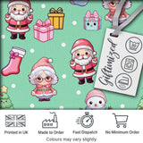 Cute Kawaii Santa Snowman Gift Characters Mint Green Background Seamless Pattern Digital Print Fabric by the Metre UK Textile