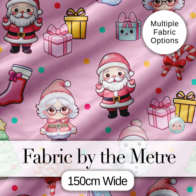 Cute Kawaii Santa Snowman Gift Characters Pink Background Seamless Pattern Digital Print Fabric by the Metre UK Textile