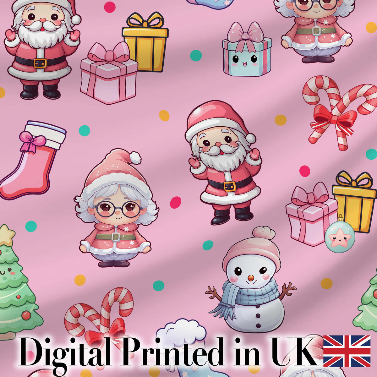 Cute Kawaii Santa Snowman Gift Characters Pink Background Seamless Pattern Digital Print Fabric by the Metre UK Textile