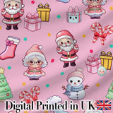 Cute Kawaii Santa Snowman Gift Characters Pink Background Seamless Pattern Digital Print Fabric by the Metre UK Textile