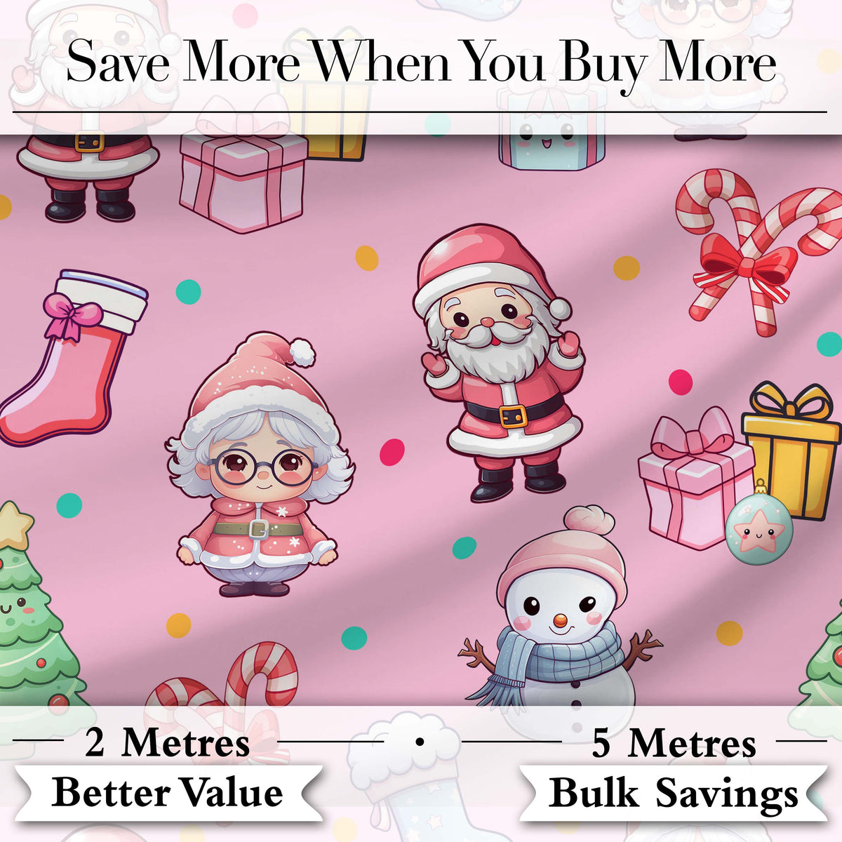 Cute Kawaii Santa Snowman Gift Characters Pink Background Seamless Pattern Digital Print Fabric by the Metre UK Textile