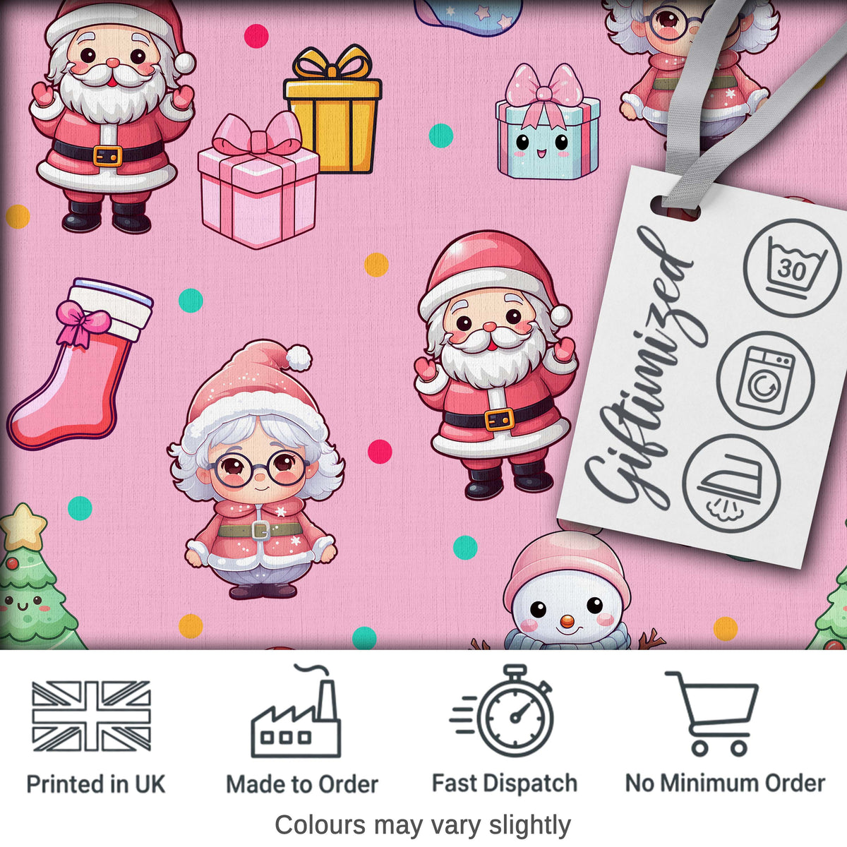 Cute Kawaii Santa Snowman Gift Characters Pink Background Seamless Pattern Digital Print Fabric by the Metre UK Textile