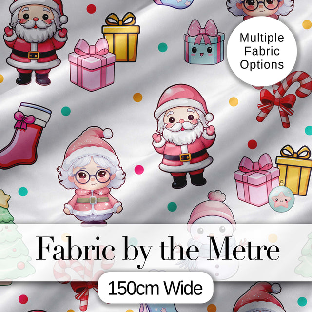 Cute Kawaii Santa Snowman Gift Characters Light Grey Background Seamless Pattern Digital Print Fabric by the Metre UK Textile