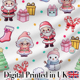 Cute Kawaii Santa Snowman Gift Characters Light Grey Background Seamless Pattern Digital Print Fabric by the Metre UK Textile
