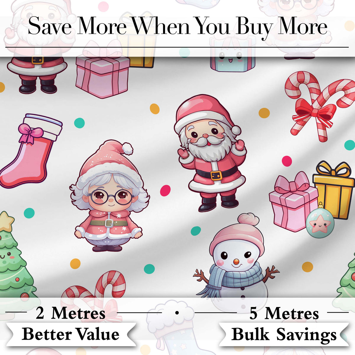 Cute Kawaii Santa Snowman Gift Characters Light Grey Background Seamless Pattern Digital Print Fabric by the Metre UK Textile