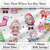 Cute Kawaii Santa Snowman Gift Characters Light Grey Background Seamless Pattern Digital Print Fabric by the Metre UK Textile