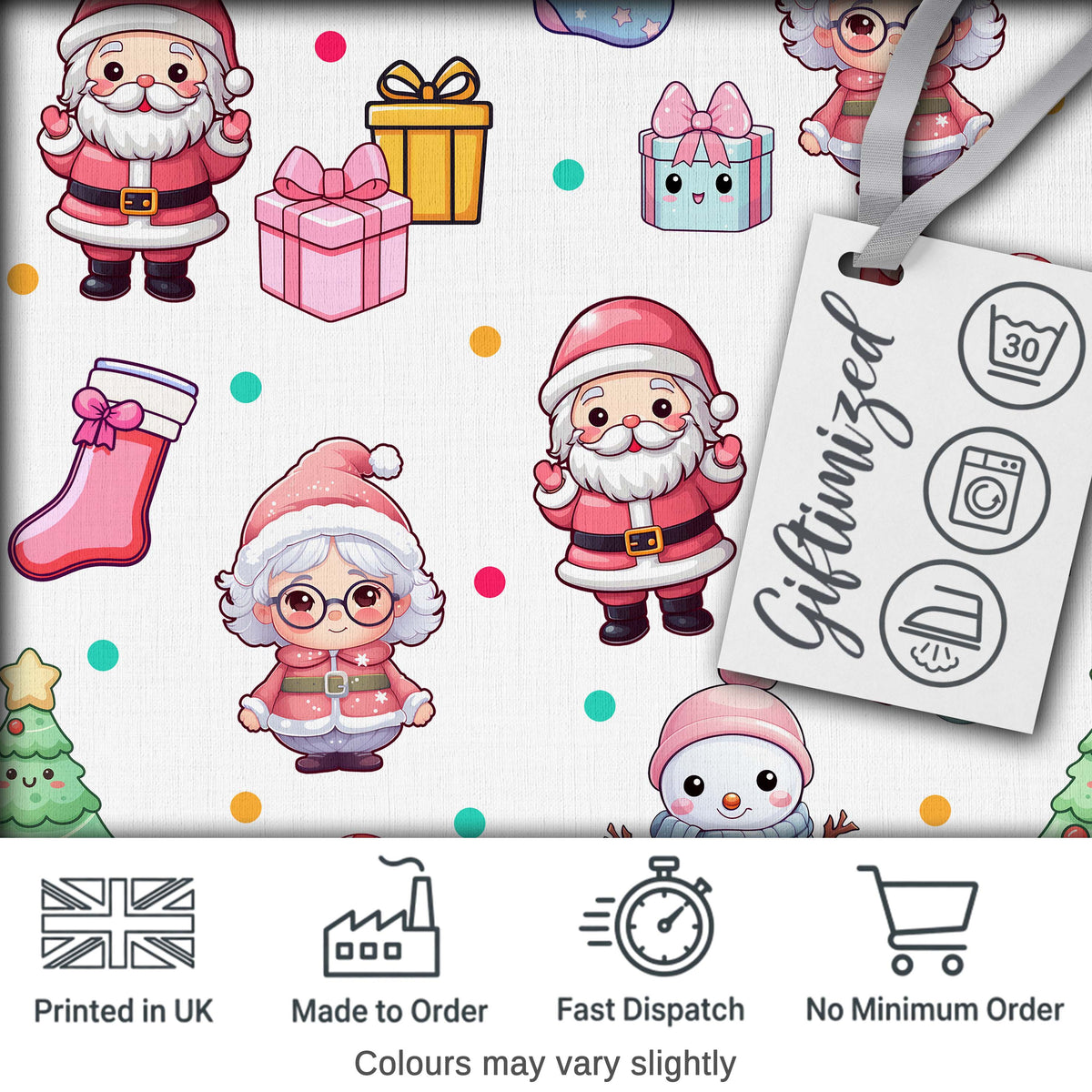 Cute Kawaii Santa Snowman Gift Characters Light Grey Background Seamless Pattern Digital Print Fabric by the Metre UK Textile