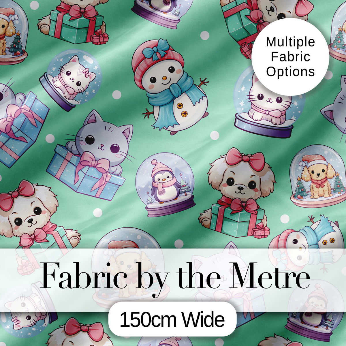 Cute Kawaii Christmas Pets Snow Globe Gifts Mint Background Seamless Pattern Digital Print Fabric by the Metre UK Textile