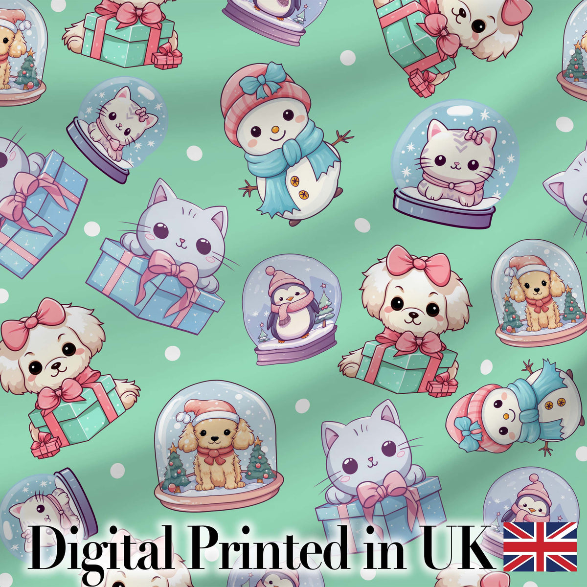 Cute Kawaii Christmas Pets Snow Globe Gifts Mint Background Seamless Pattern Digital Print Fabric by the Metre UK Textile