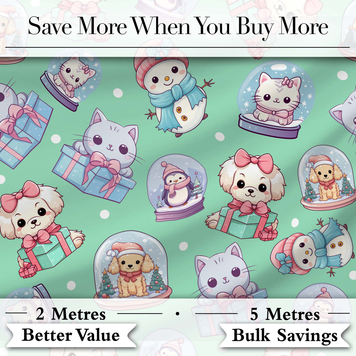 Cute Kawaii Christmas Pets Snow Globe Gifts Mint Background Seamless Pattern Digital Print Fabric by the Metre UK Textile