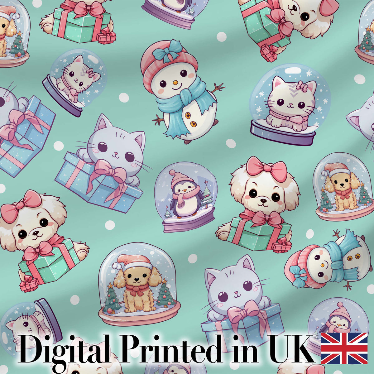 Cute Kawaii Christmas Pets Snow Globe Gifts Teal Background Seamless Pattern Digital Print Fabric by the Metre UK Textile