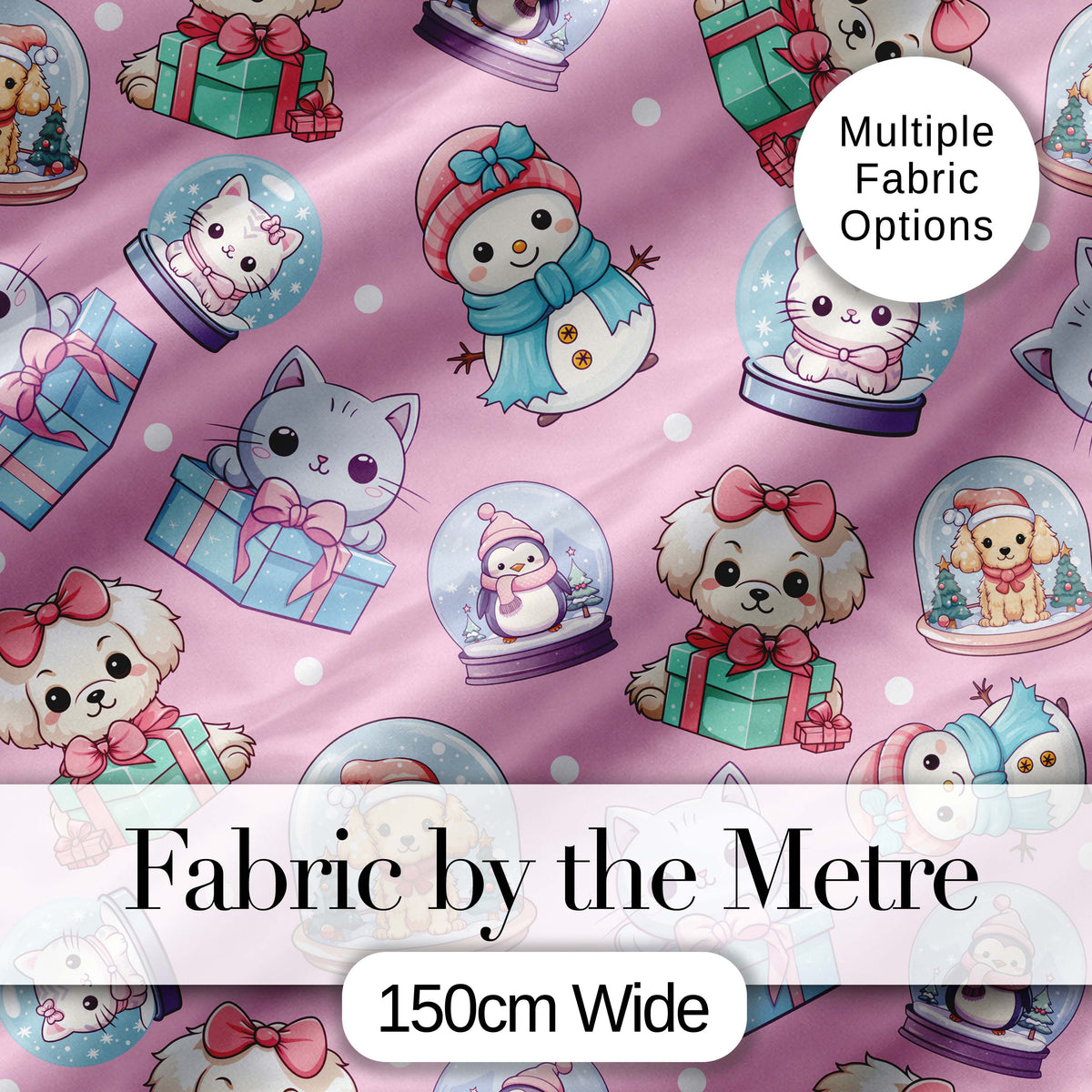 Cute Kawaii Christmas Pets Snow Globe Gifts Pink Background Seamless Pattern Digital Print Fabric by the Metre UK Textile