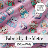 Cute Kawaii Christmas Pets Snow Globe Gifts Pink Background Seamless Pattern Digital Print Fabric by the Metre UK Textile