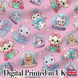 Cute Kawaii Christmas Pets Snow Globe Gifts Pink Background Seamless Pattern Digital Print Fabric by the Metre UK Textile