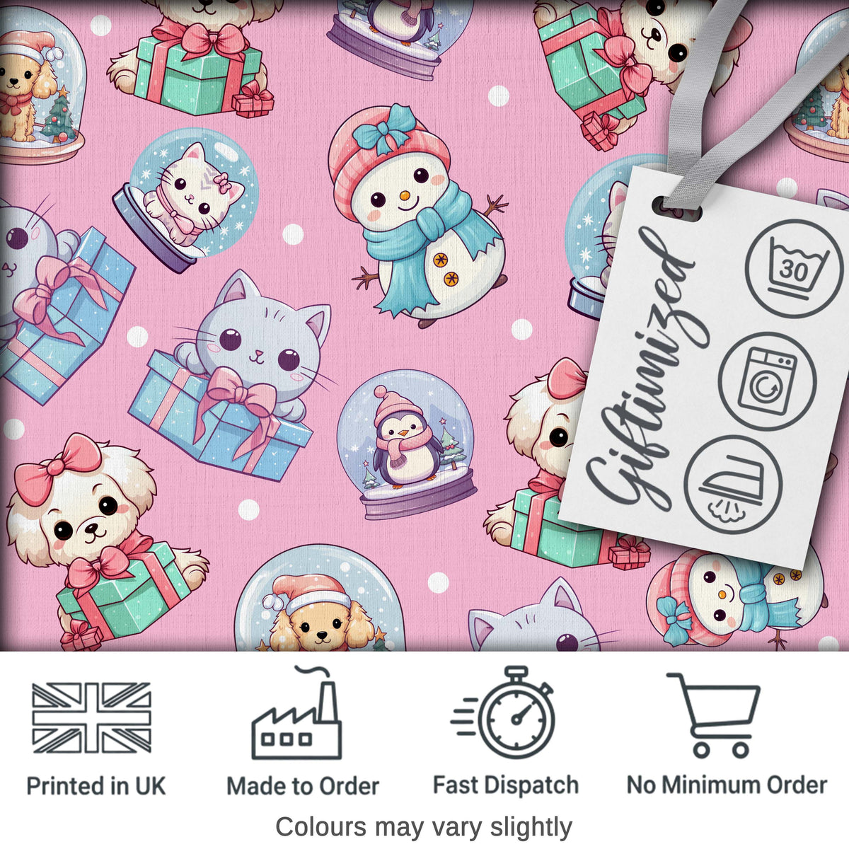 Cute Kawaii Christmas Pets Snow Globe Gifts Pink Background Seamless Pattern Digital Print Fabric by the Metre UK Textile