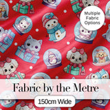 Cute Kawaii Christmas Pets Snow Globe Gifts Red Background Seamless Pattern Digital Print Fabric by the Metre UK Textile