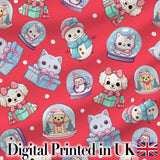Cute Kawaii Christmas Pets Snow Globe Gifts Red Background Seamless Pattern Digital Print Fabric by the Metre UK Textile