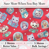 Cute Kawaii Christmas Pets Snow Globe Gifts Red Background Seamless Pattern Digital Print Fabric by the Metre UK Textile