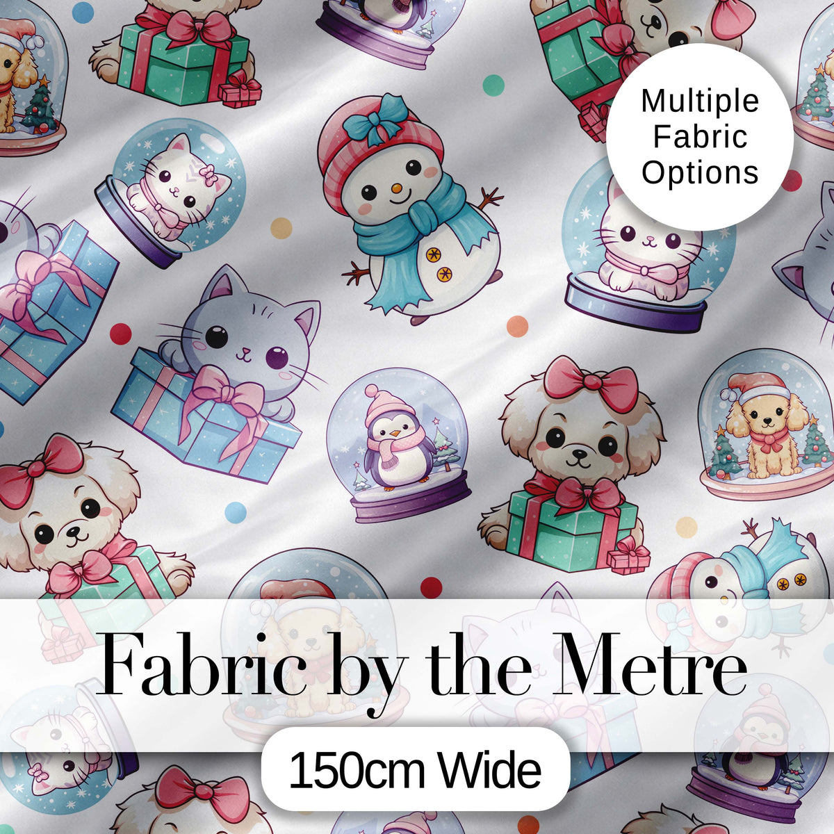 Cute Kawaii Christmas Pets Snow Globe Gifts Light Grey Background Seamless Pattern Digital Print Fabric by the Metre UK Textile