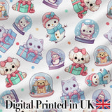 Cute Kawaii Christmas Pets Snow Globe Gifts Light Grey Background Seamless Pattern Digital Print Fabric by the Metre UK Textile