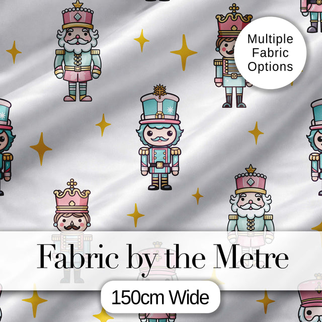 Cute Nutcracker Soldiers Light Grey Background Seamless Pattern Digital Print Fabric by the Metre UK Sewing Quilting Textile