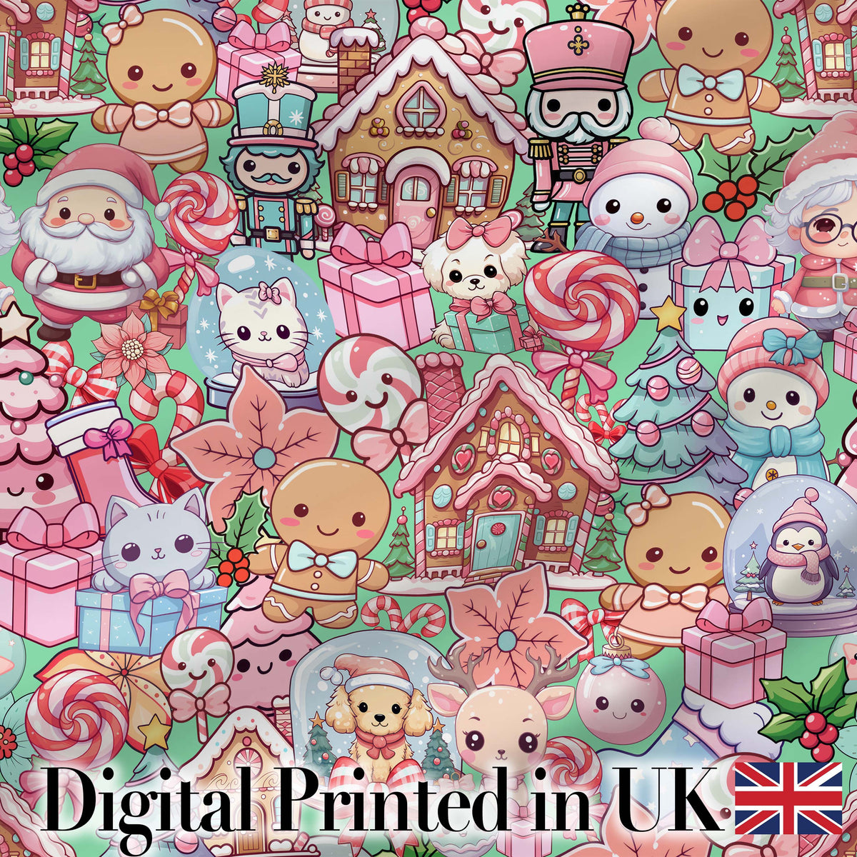 Cute Christmas Gingerbread Candy Festive Green Background Seamless Pattern Digital Print Fabric by the Metre UK Sewing Quilting Textile