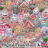 Cute Christmas Gingerbread Candy Festive Green Background Seamless Pattern Digital Print Fabric by the Metre UK Sewing Quilting Textile