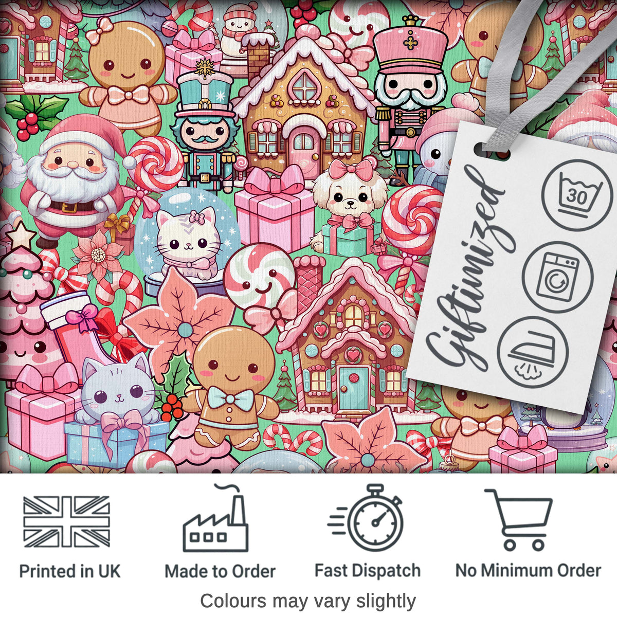 Cute Christmas Gingerbread Candy Festive Green Background Seamless Pattern Digital Print Fabric by the Metre UK Sewing Quilting Textile