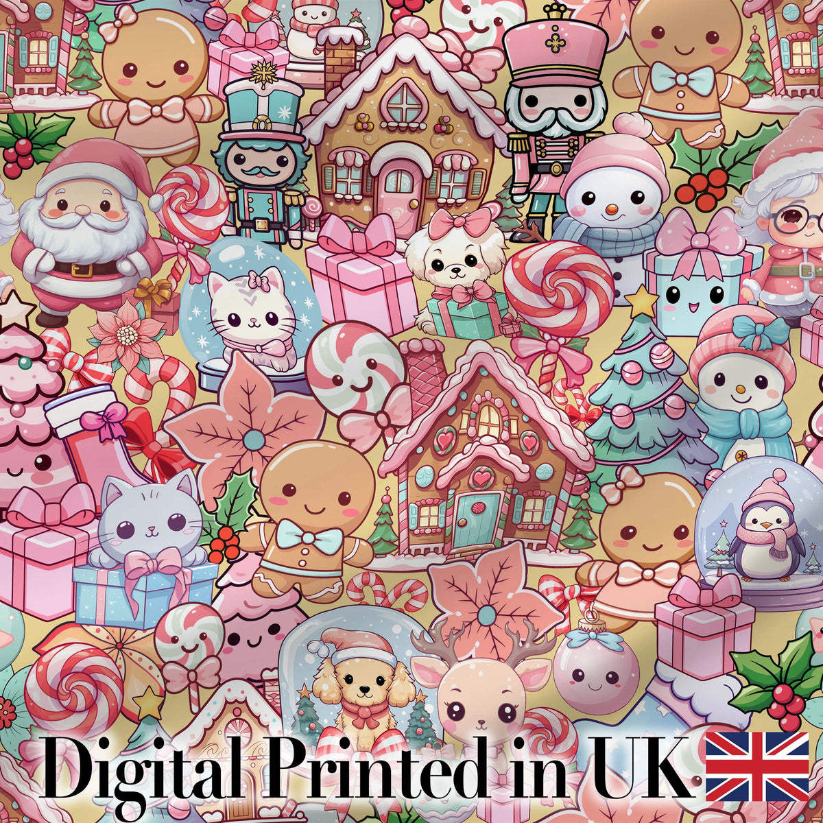 Cute Christmas Gingerbread Candy Warm Beige Background Seamless Pattern Digital Print Fabric by the Metre UK Sewing Quilting Textile